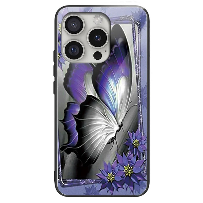 For iPhone 16 Pro Max Case Pattern Printing Anti-Drop Tempered Glass+TPU Phone Cover - Purple Butterfly - 1