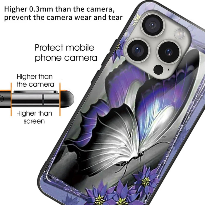For iPhone 16 Pro Max Case Pattern Printing Anti-Drop Tempered Glass+TPU Phone Cover - Purple Butterfly - 2