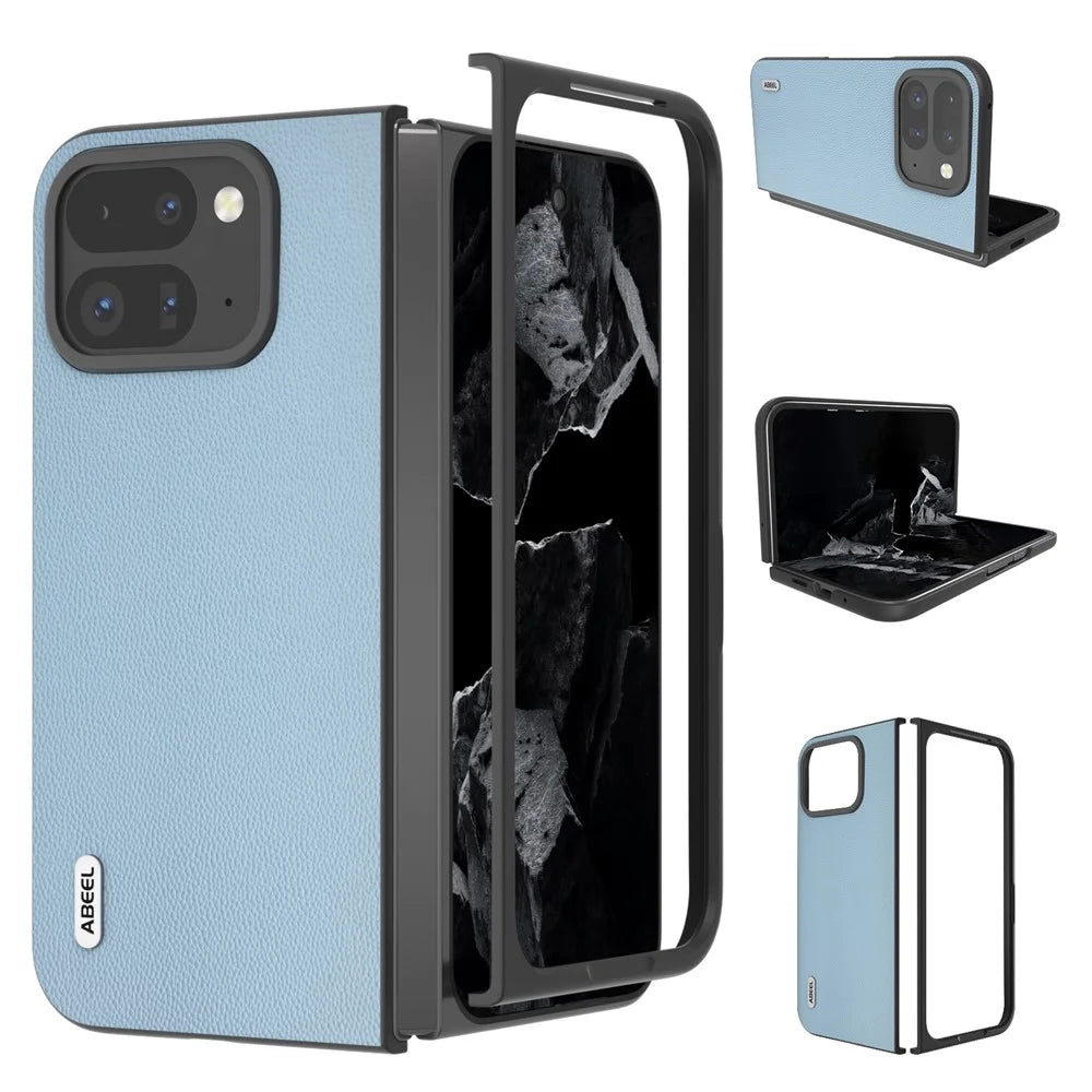ABEEL For Google Pixel Fold 2 Case Genuine Cow Leather PC Phone Cover Black Edge - Sky Blue - 1