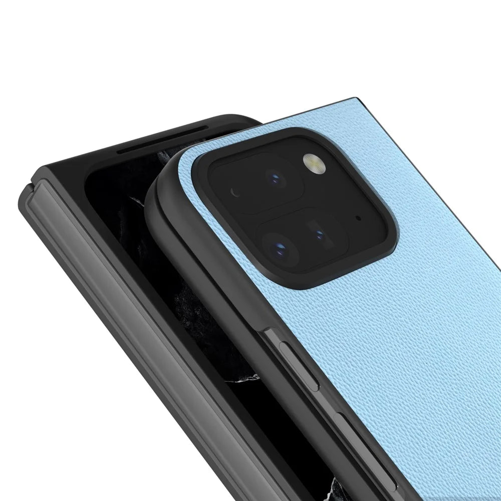 ABEEL For Google Pixel Fold 2 Case Genuine Cow Leather PC Phone Cover Black Edge - Sky Blue - 2