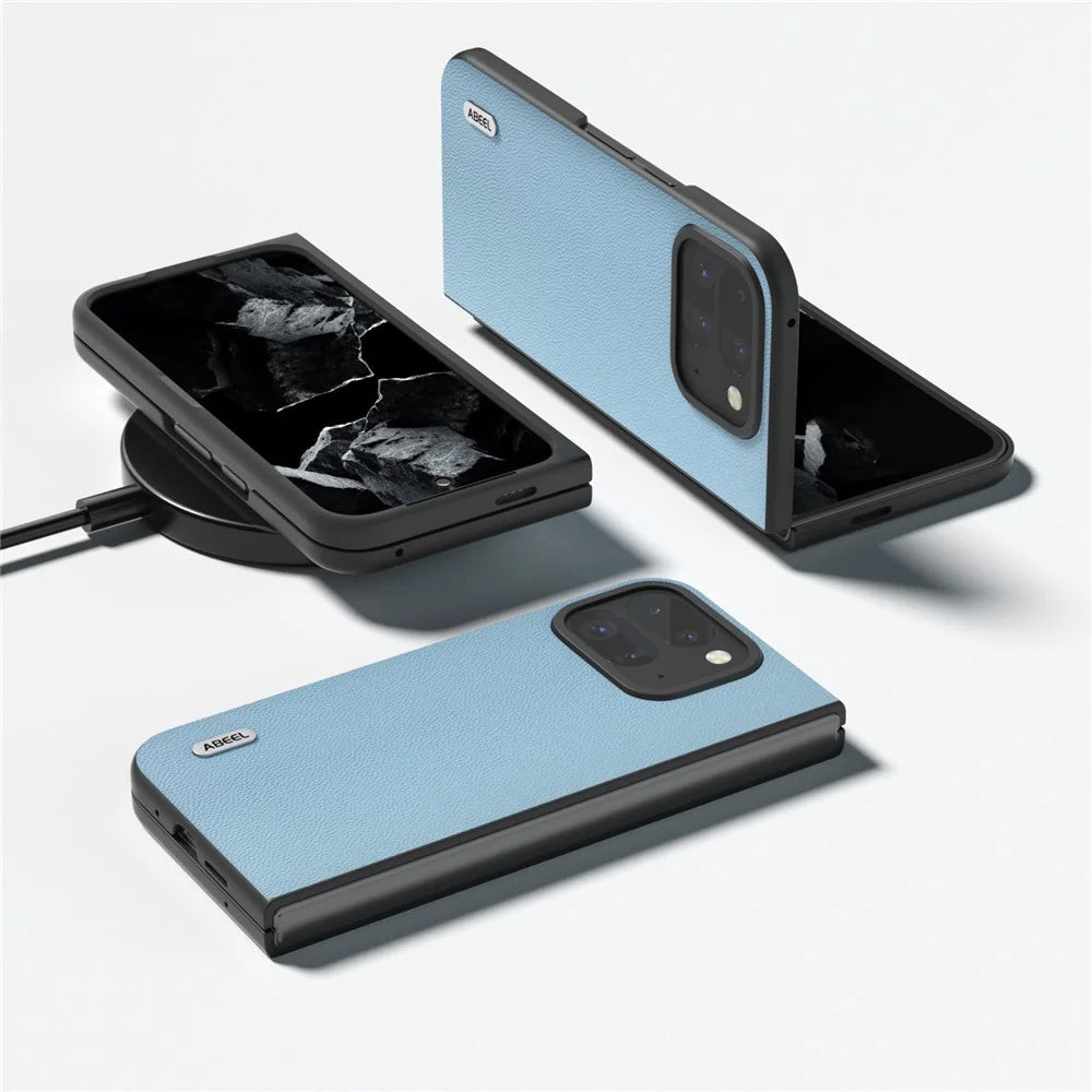 ABEEL For Google Pixel Fold 2 Case Genuine Cow Leather PC Phone Cover Black Edge - Sky Blue - 3