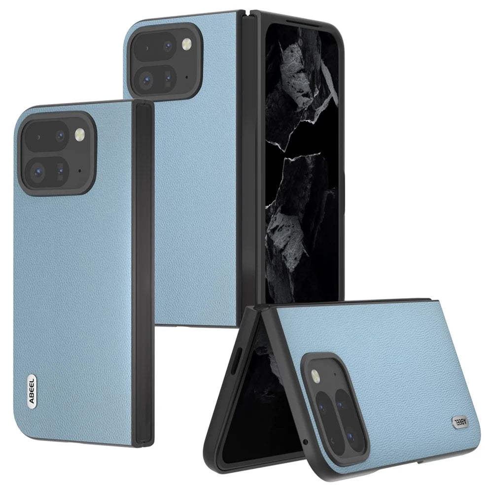 ABEEL For Google Pixel Fold 2 Case Genuine Cow Leather PC Phone Cover Black Edge - Sky Blue - 4