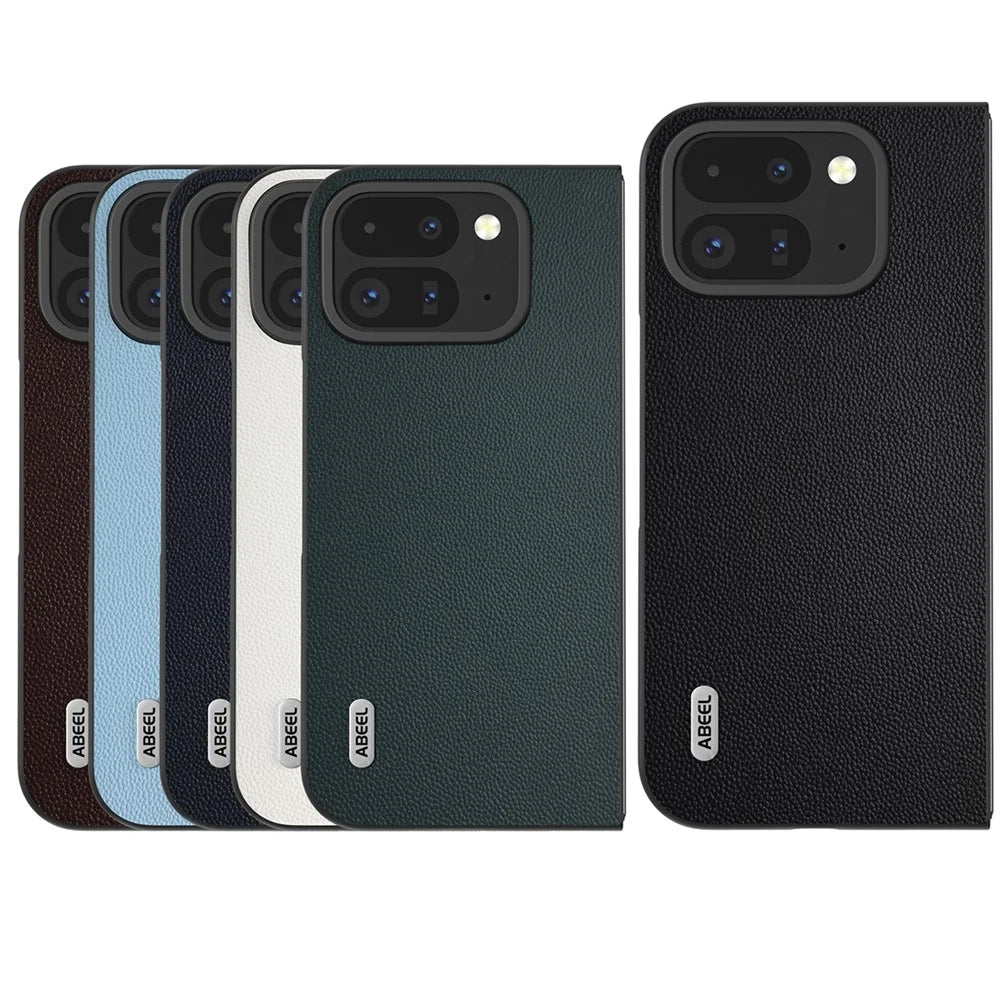 ABEEL For Google Pixel Fold 2 Case Genuine Cow Leather PC Phone Cover Black Edge - Sky Blue - 6