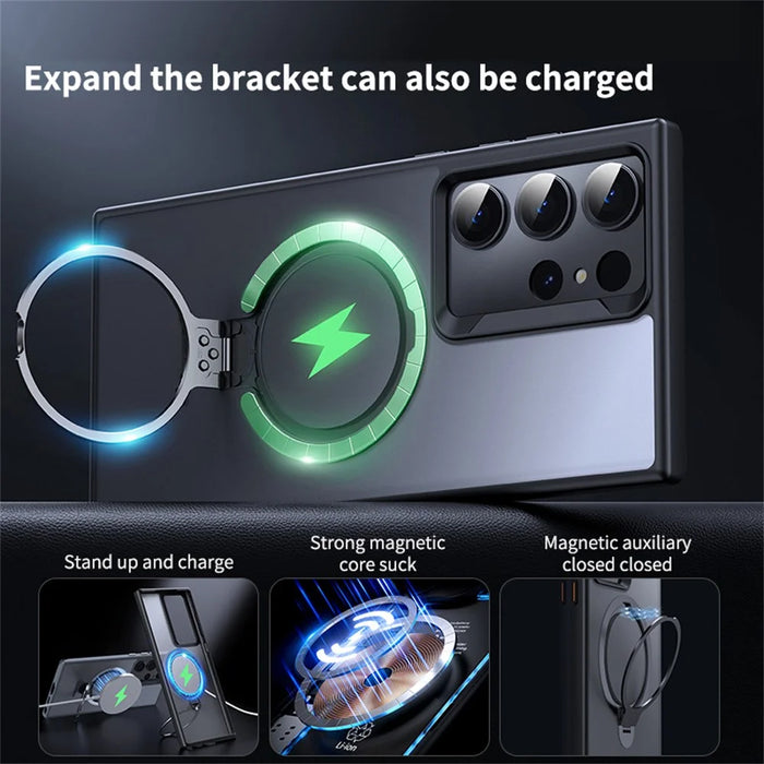 For Samsung Galaxy S23 Ultra Phone Case Kickstand Matte Back Cover Magnetic Case - Black - 2