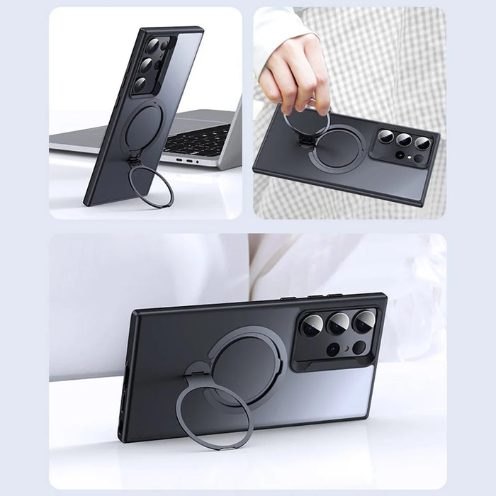 For Samsung Galaxy S23 Ultra Phone Case Kickstand Matte Back Cover Magnetic Case - Black - 5