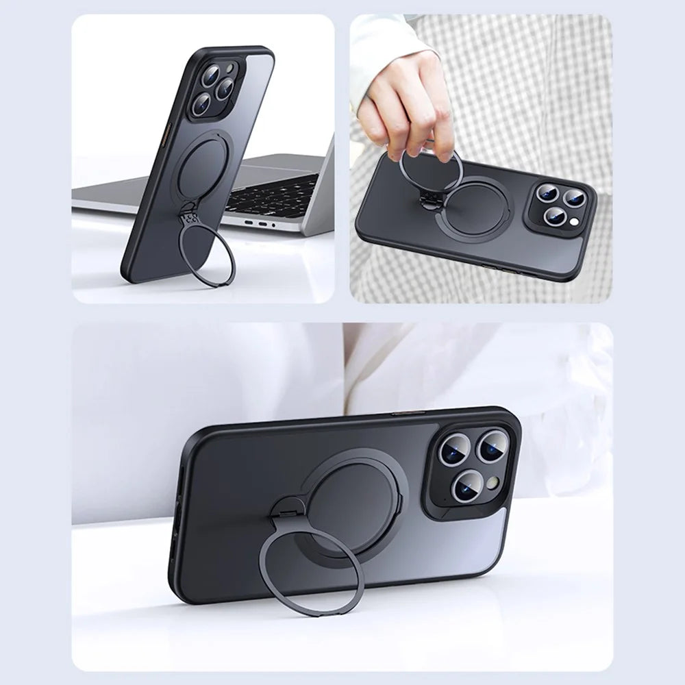 For iPhone 15 Pro Max Phone Case Kickstand Matte Back Cover Compatible with MagSafe - Black - 6