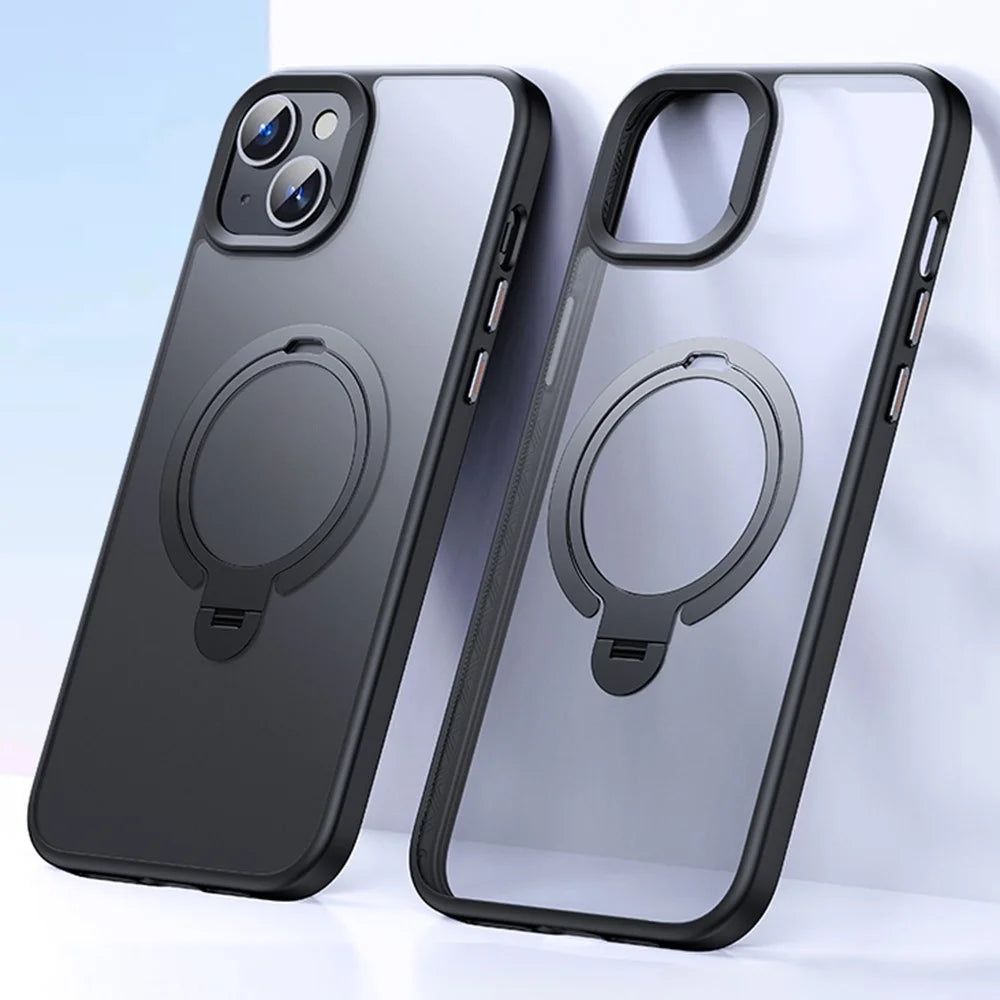 For iPhone 15 Phone Case Kickstand Matte Back Cover Compatible with MagSafe - Black - 1