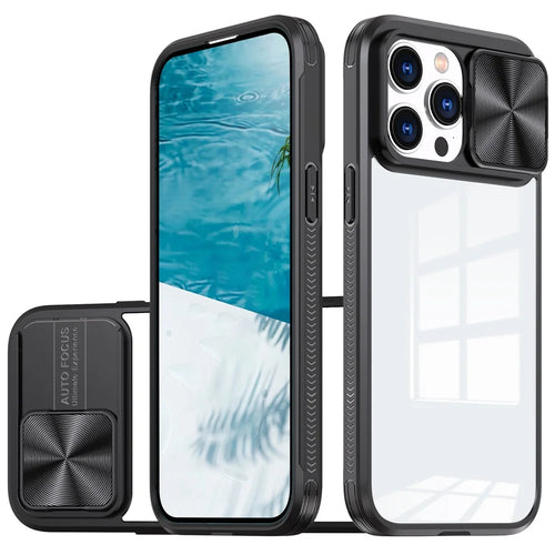 For iPhone 16 Pro Case TPU+PC Clear Phone Cover with CD-Veins Camera Lens Sliding Lid - Black - 1