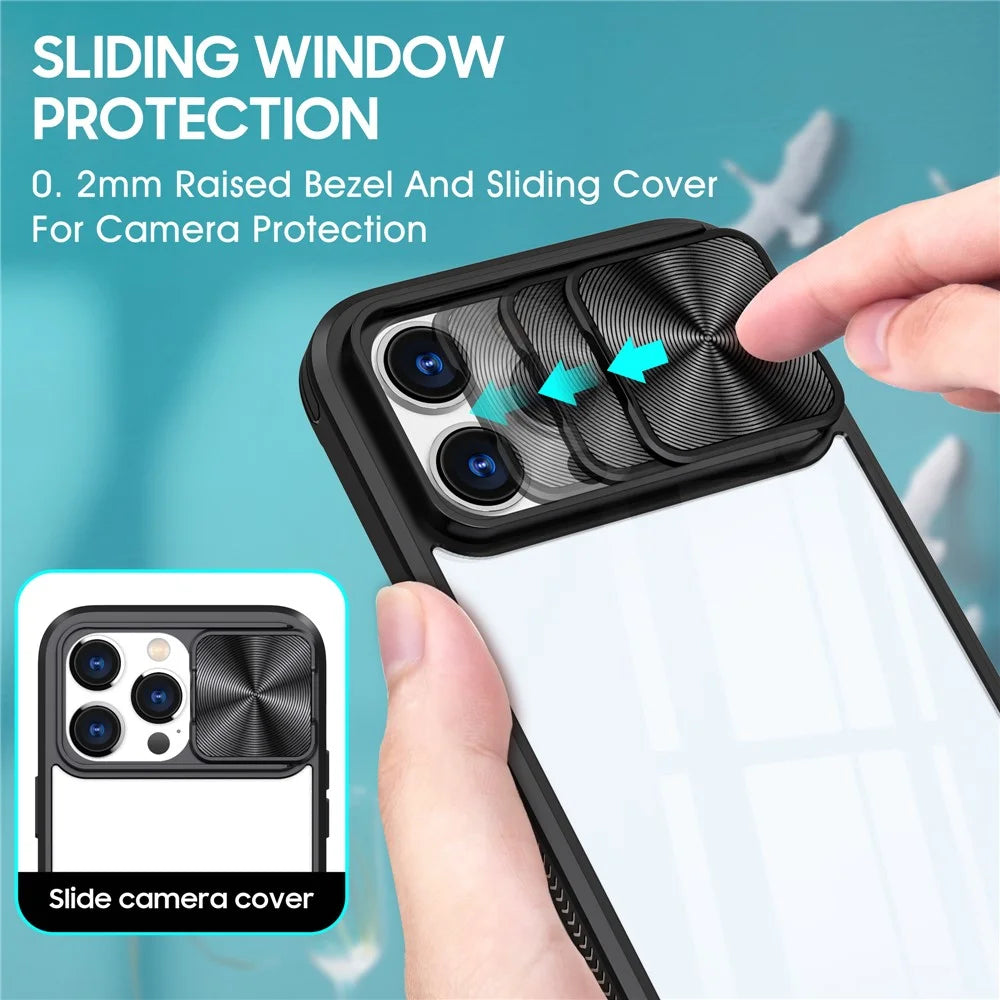 For iPhone 16 Pro Case TPU+PC Clear Phone Cover with CD-Veins Camera Lens Sliding Lid - Black - 3