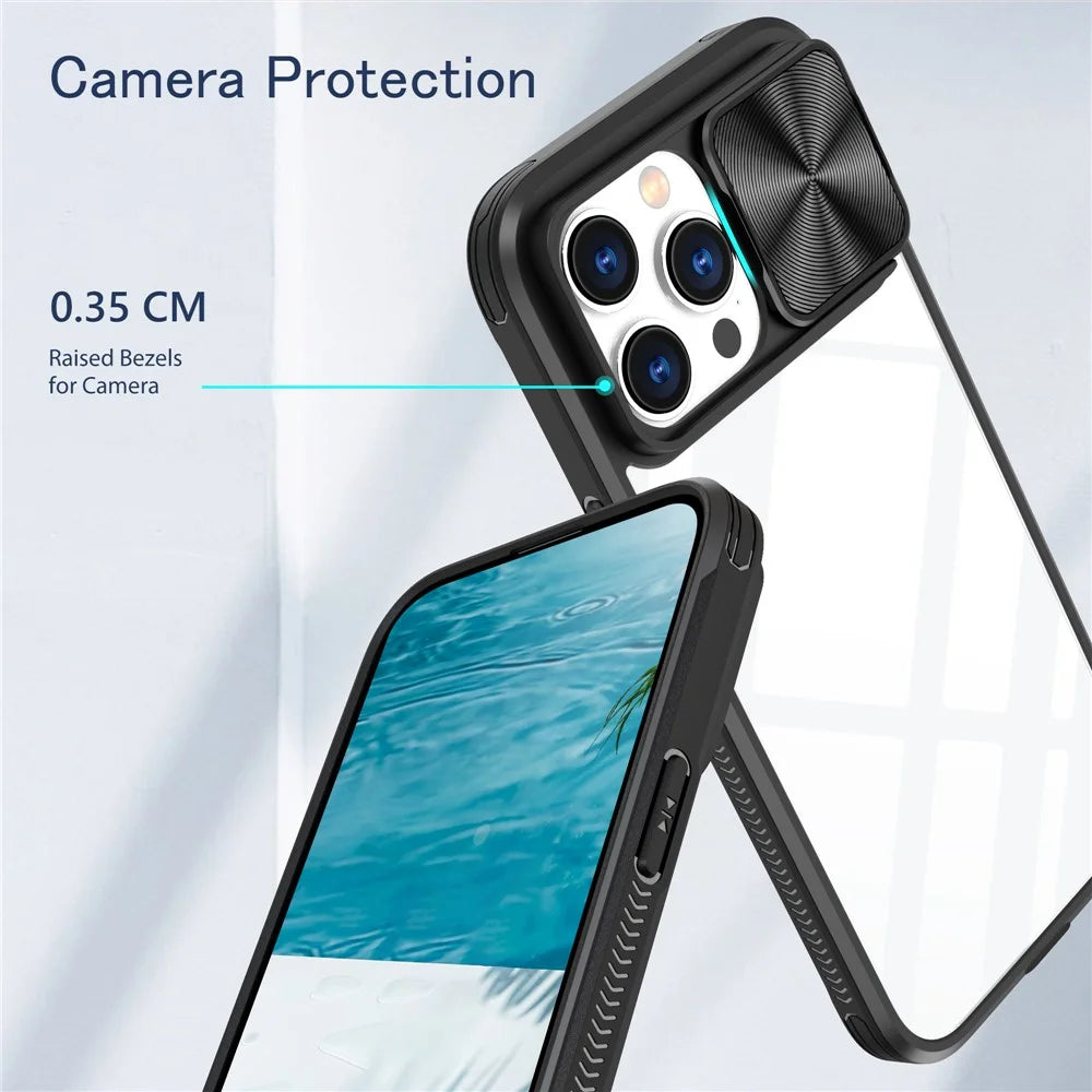 For iPhone 16 Pro Case TPU+PC Clear Phone Cover with CD-Veins Camera Lens Sliding Lid - Black - 5