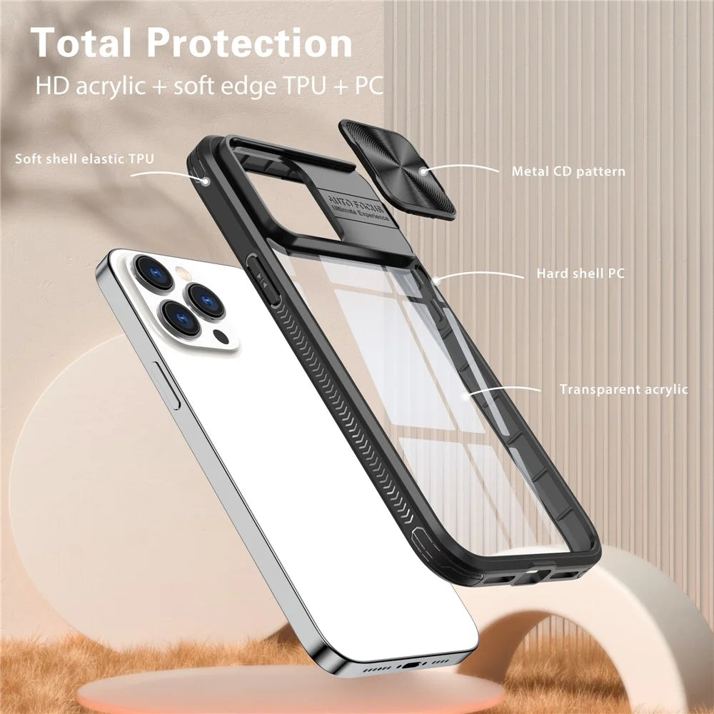 For iPhone 16 Pro Case TPU+PC Clear Phone Cover with CD-Veins Camera Lens Sliding Lid - Black - 6
