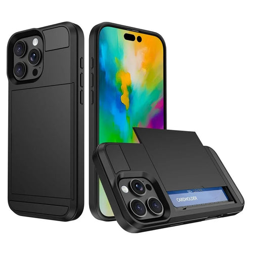 For iPhone 16 Pro Case with Sliding Card Holder PC+TPU Phone Back Cover - Black - 1