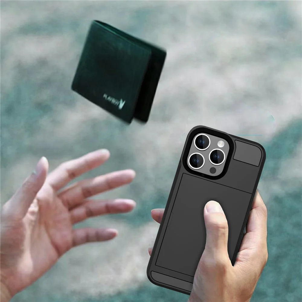For iPhone 16 Pro Case with Sliding Card Holder PC+TPU Phone Back Cover - Black - 3