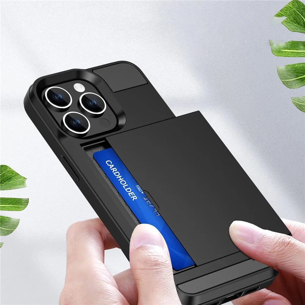 For iPhone 16 Pro Case with Sliding Card Holder PC+TPU Phone Back Cover - Black - 5