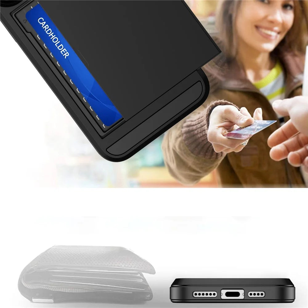 For iPhone 16 Pro Case with Sliding Card Holder PC+TPU Phone Back Cover - Black - 7