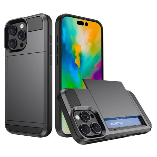 For iPhone 16 Pro Max Case with Sliding Card Holder PC+TPU Phone Back Cover - Grey - 1