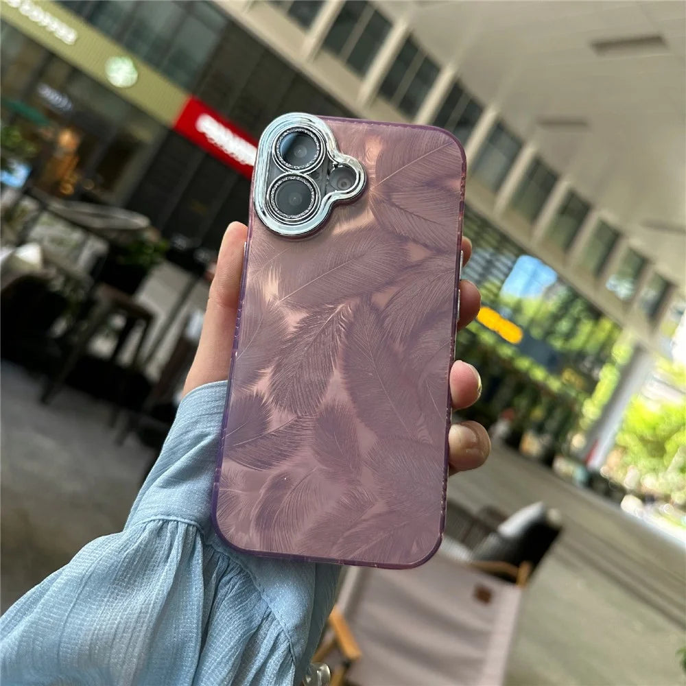 For iPhone 16 Case Anti-Scratch TPU+PC Phone Cover Feather Pattern - Pink - 1