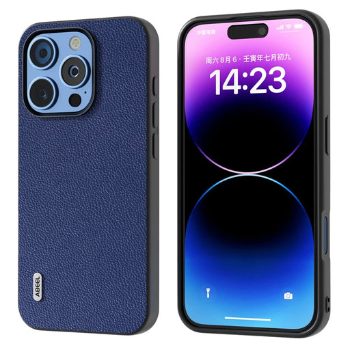 ABEEL For iPhone 16 Pro Max Case Litchi Texture Genuine Cow Leather+PC Phone Cover - Blue - 1