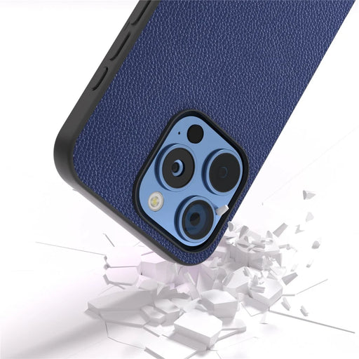 ABEEL For iPhone 16 Pro Max Case Litchi Texture Genuine Cow Leather+PC Phone Cover - Blue - 2