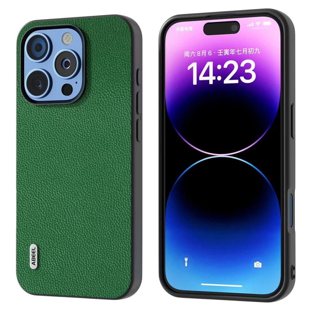 ABEEL For iPhone 16 Pro Case Litchi Texture Genuine Cow Leather+PC Phone Cover - Green - 1