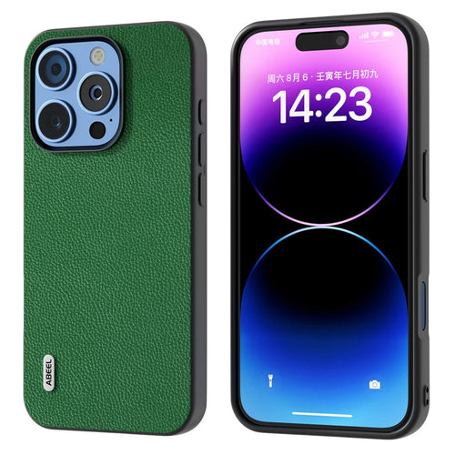 ABEEL For iPhone 16 Pro Case Litchi Texture Genuine Cow Leather+PC Phone Cover - Green - 1