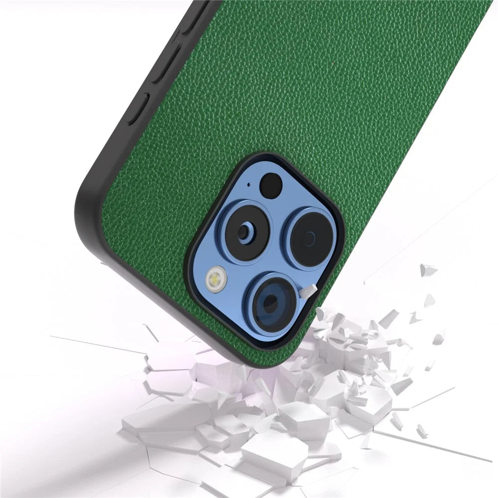 ABEEL For iPhone 16 Pro Case Litchi Texture Genuine Cow Leather+PC Phone Cover - Green - 2