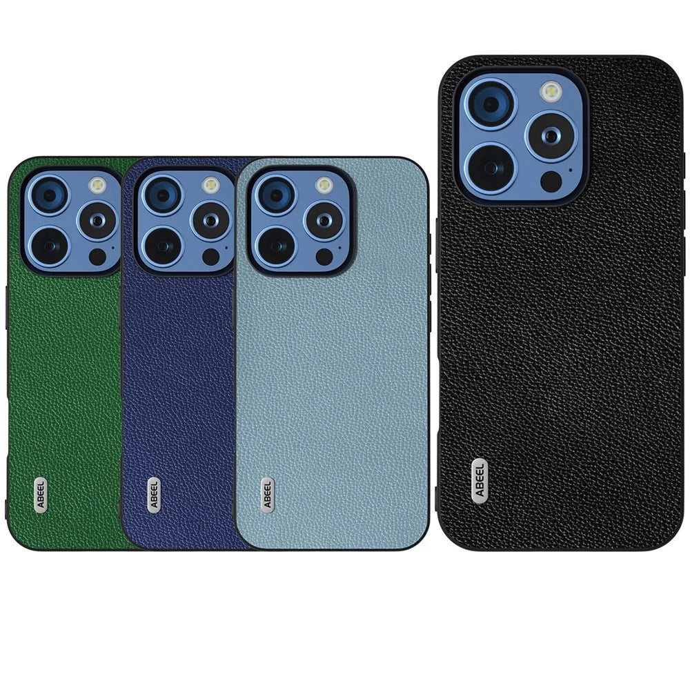 ABEEL For iPhone 16 Pro Case Litchi Texture Genuine Cow Leather+PC Phone Cover - Green - 5
