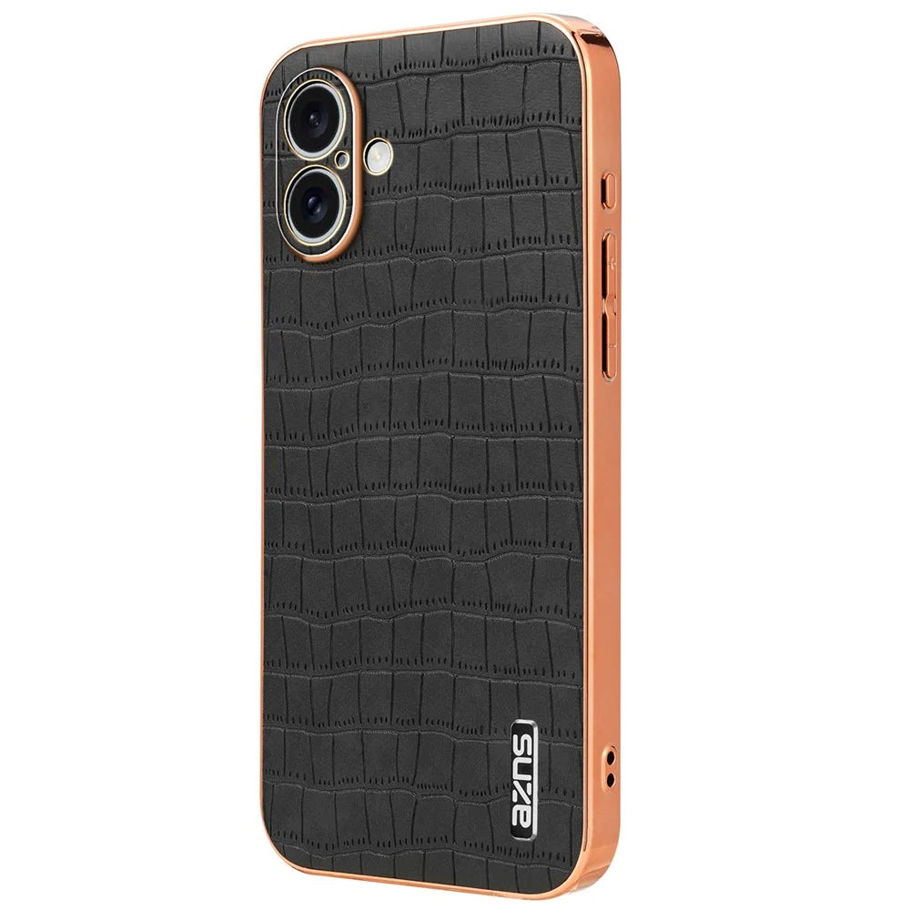 AZNS For iPhone 16 Case Electroplating Crocodile Texture PU+TPU Phone Cover - Black - 2