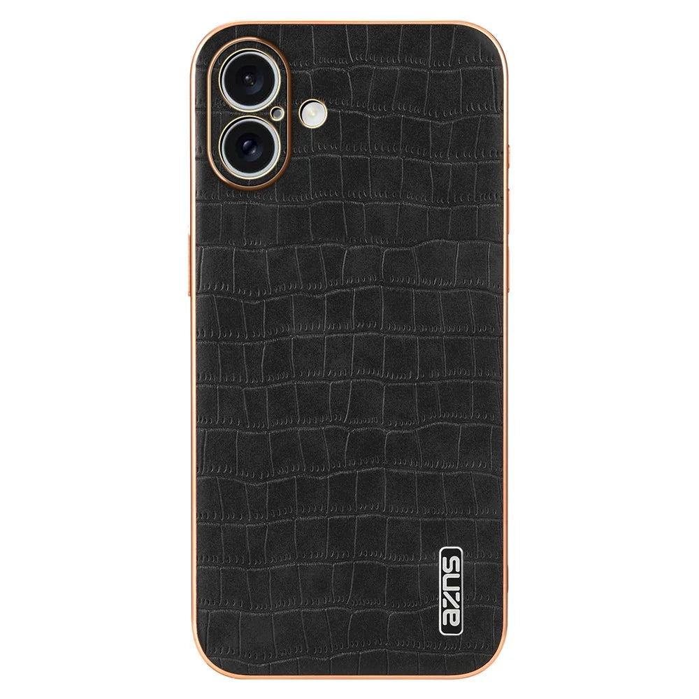 AZNS For iPhone 16 Case Electroplating Crocodile Texture PU+TPU Phone Cover - Black - 3