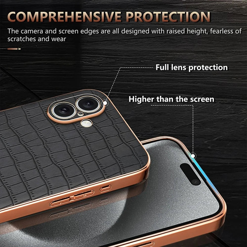 AZNS For iPhone 16 Case Electroplating Crocodile Texture PU+TPU Phone Cover - Black - 5