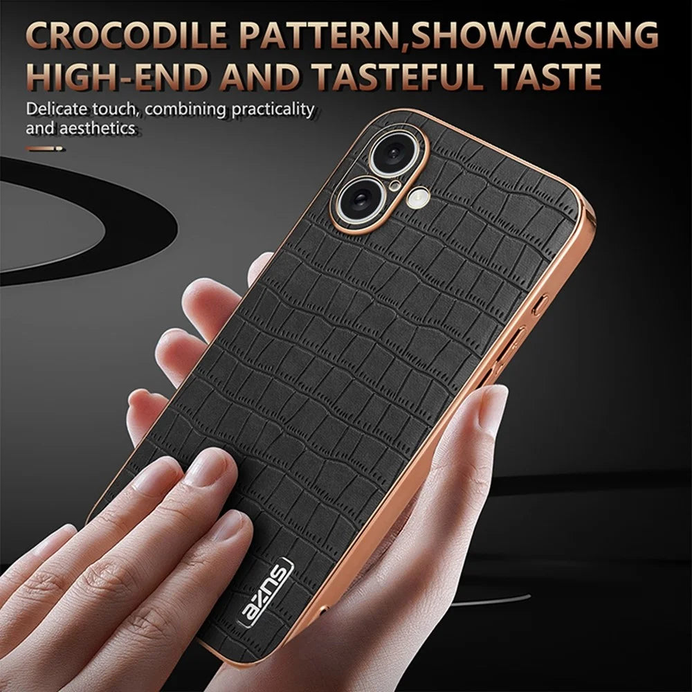 AZNS For iPhone 16 Case Electroplating Crocodile Texture PU+TPU Phone Cover - Black - 6