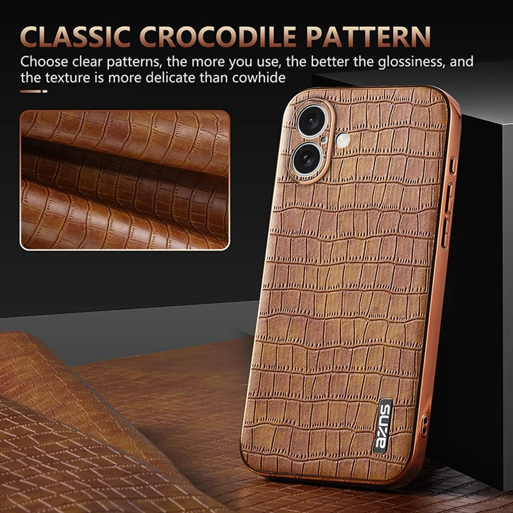 AZNS For iPhone 16 Case Electroplating Crocodile Texture PU+TPU Phone Cover - Black - 7