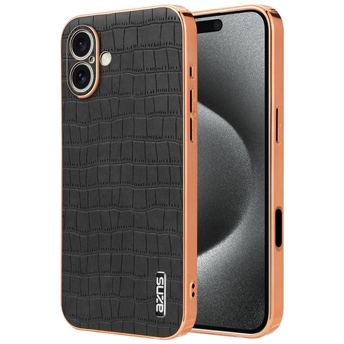 AZNS For iPhone 16 Plus Case Electroplating Crocodile Texture PU+TPU Phone Cover - Black - 1