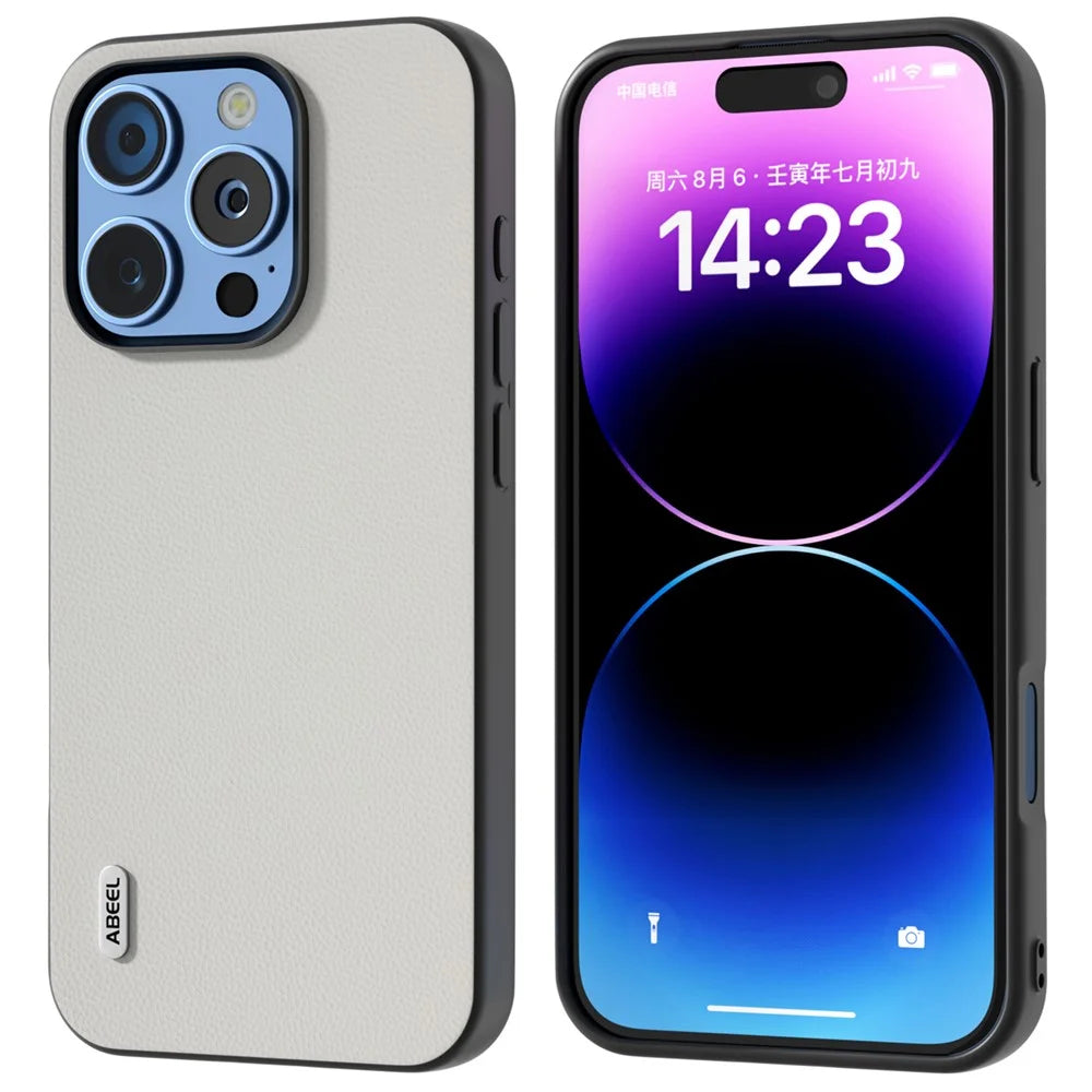 ABEEL For iPhone 16 Pro Case Genuine Cow Leather PC Phone Cover - White - 1