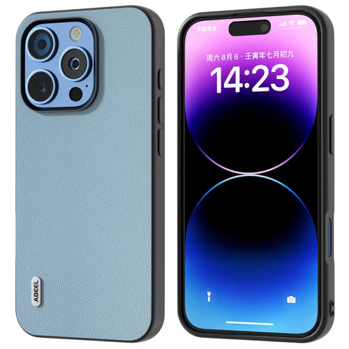 ABEEL For iPhone 16 Pro Max Case Anti-Drop Genuine Cow Leather PC Phone Cover - Sky Blue - 1
