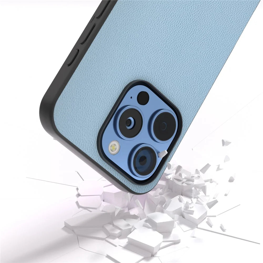 ABEEL For iPhone 16 Pro Max Case Anti-Drop Genuine Cow Leather PC Phone Cover - Sky Blue - 2