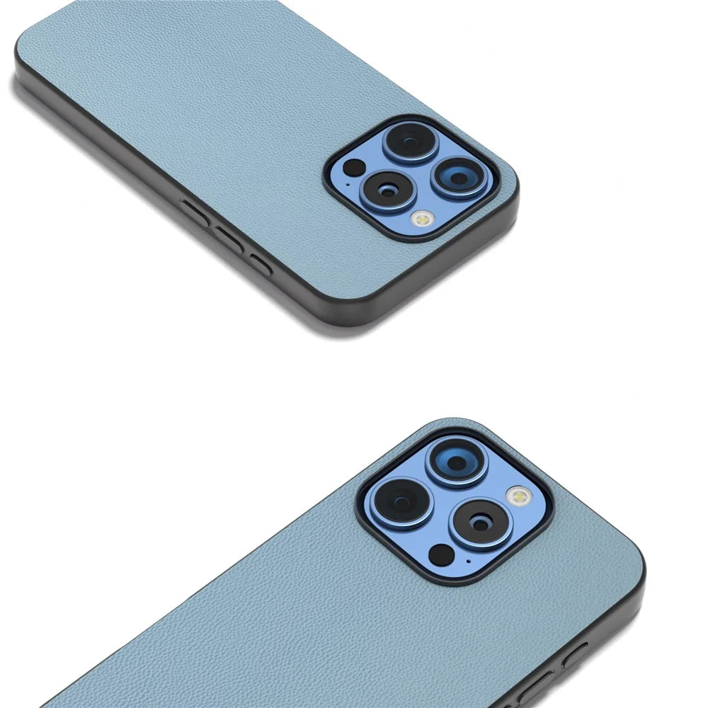 ABEEL For iPhone 16 Pro Max Case Anti-Drop Genuine Cow Leather PC Phone Cover - Sky Blue - 4