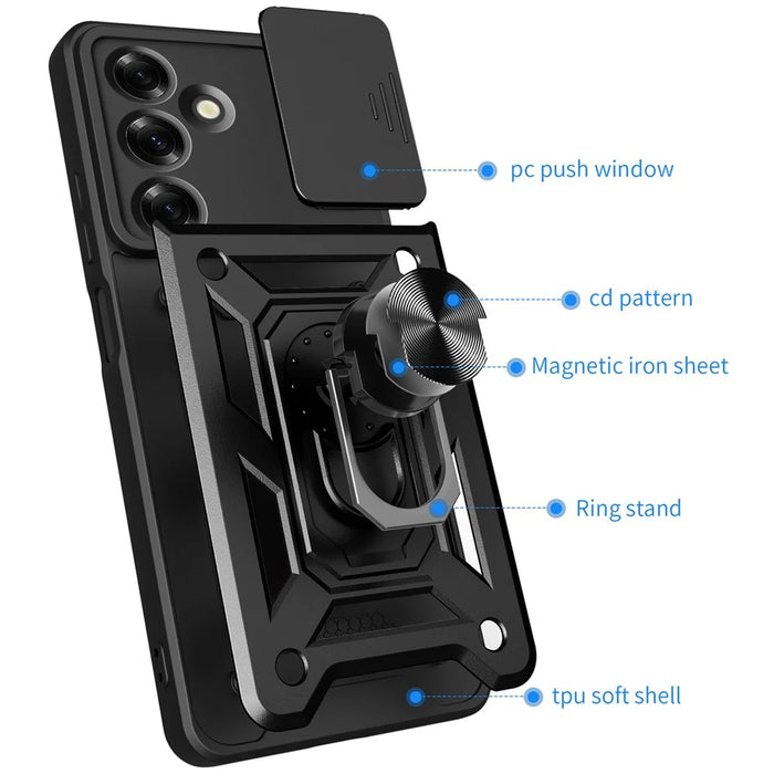 For Samsung Galaxy M35 5G Case with Slide Camera Lid PC+TPU Kickstand Phone Cover - Black - 3