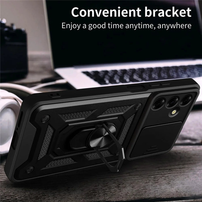 For Samsung Galaxy M35 5G Case with Slide Camera Lid PC+TPU Kickstand Phone Cover - Black - 4