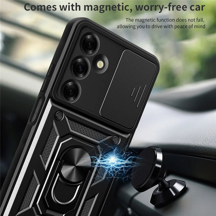 For Samsung Galaxy M35 5G Case with Slide Camera Lid PC+TPU Kickstand Phone Cover - Black - 6