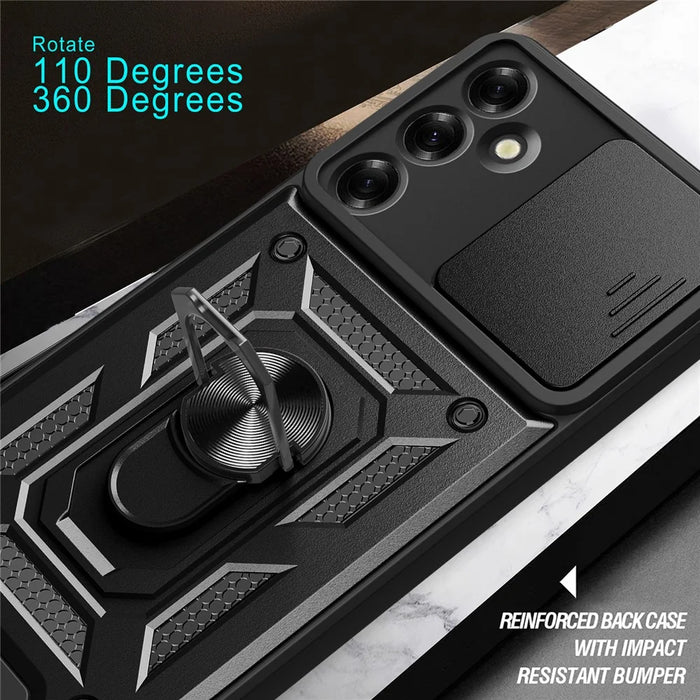 For Samsung Galaxy M35 5G Case with Slide Camera Lid PC+TPU Kickstand Phone Cover - Black - 7