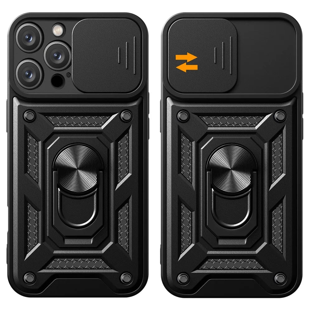 For iPhone 16 Pro Case with Slide Camera Lid PC+TPU Kickstand Phone Cover - Black - 2