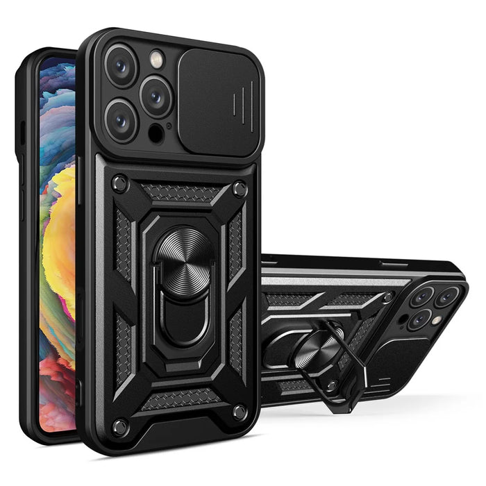 For iPhone 16 Pro Max Case with Slide Camera Lid PC+TPU Kickstand Phone Cover - Black - 1