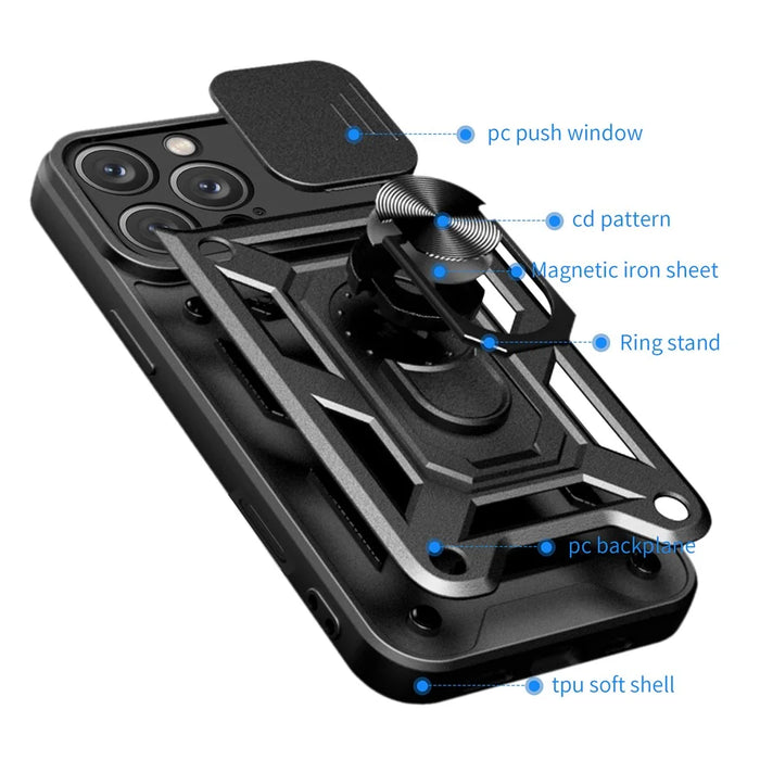 For iPhone 16 Pro Max Case with Slide Camera Lid PC+TPU Kickstand Phone Cover - Black - 3