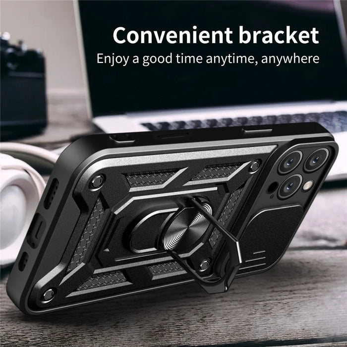 For iPhone 16 Pro Max Case with Slide Camera Lid PC+TPU Kickstand Phone Cover - Black - 4