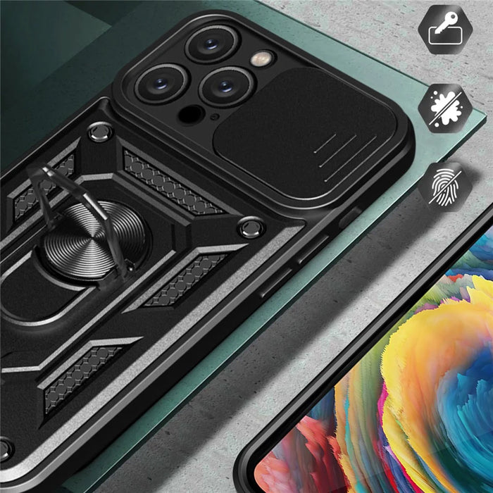 For iPhone 16 Pro Max Case with Slide Camera Lid PC+TPU Kickstand Phone Cover - Black - 7