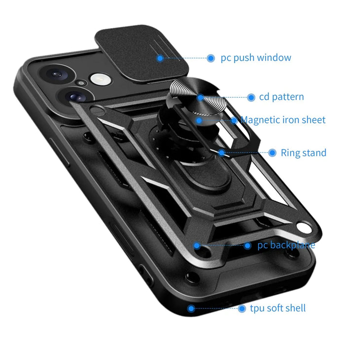 For iPhone 16 Plus Case with Slide Camera Lid PC+TPU Kickstand Phone Cover - Black - 3