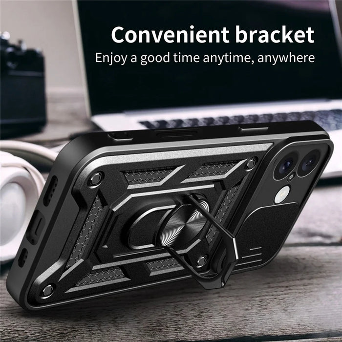 For iPhone 16 Plus Case with Slide Camera Lid PC+TPU Kickstand Phone Cover - Black - 4