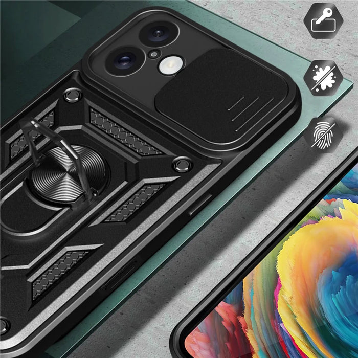 For iPhone 16 Plus Case with Slide Camera Lid PC+TPU Kickstand Phone Cover - Black - 7