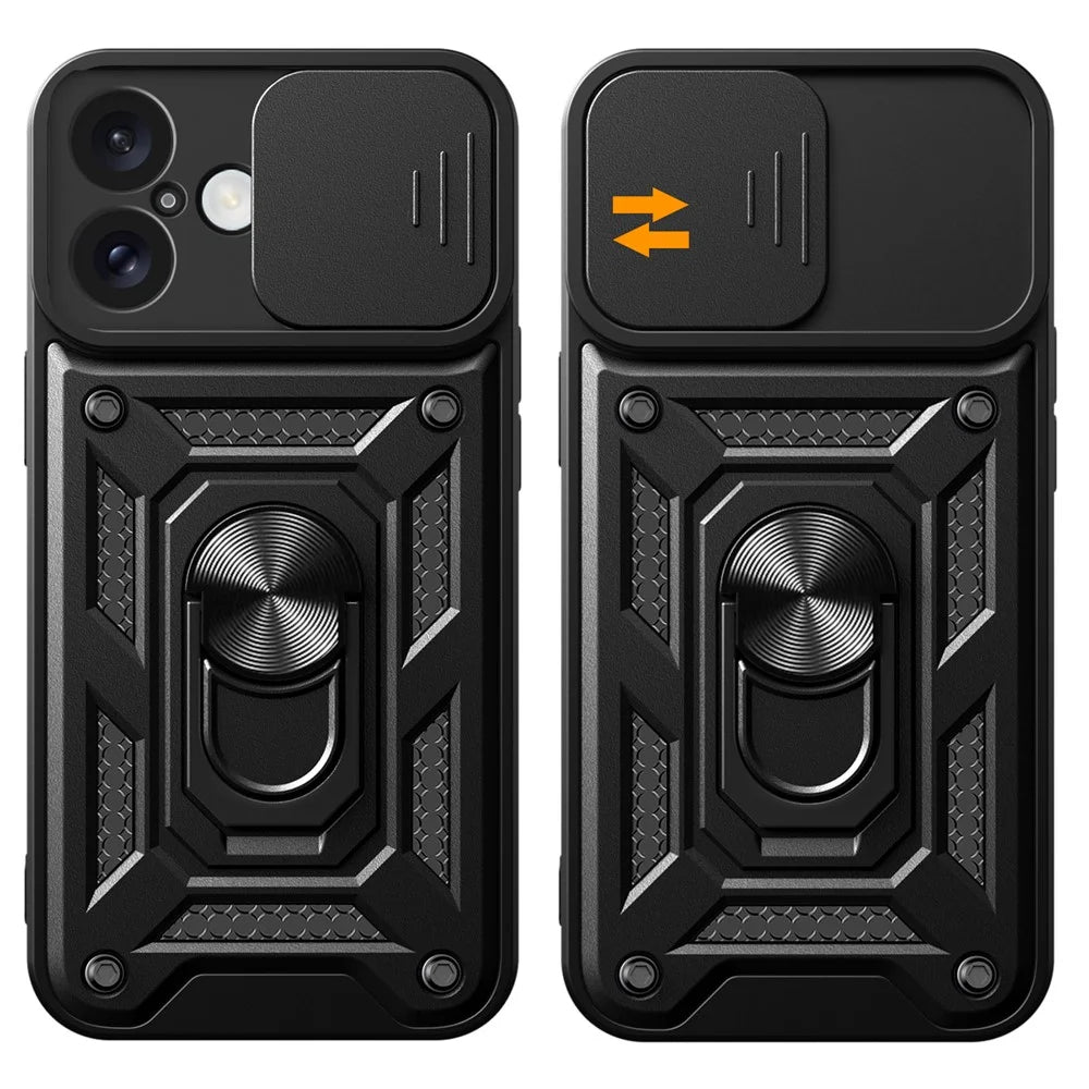For iPhone 16 Case with Slide Camera Lid PC+TPU Kickstand Phone Cover - Black - 2